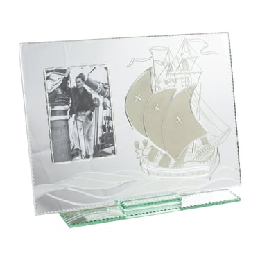 French Mirror Picture Frame with Sailing Boat Etching, 1940s