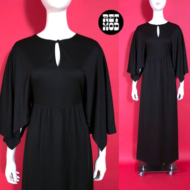Sexy Witchy Vintage 70s Black Loungewear Maxi Dress with Angel Sleeves 