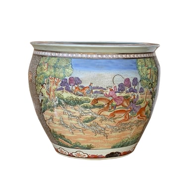 Chinese Vintage Porcelain Western Horses Dominos Graphic Pot Large cs6976BE 