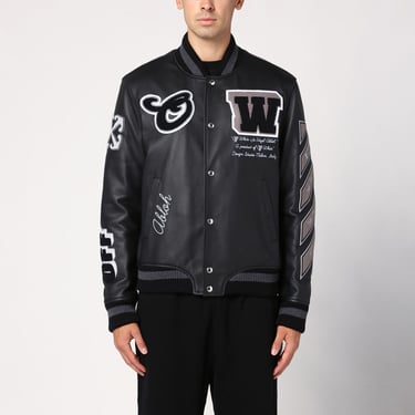 Off-White Black Leather Varsity Jacket Men