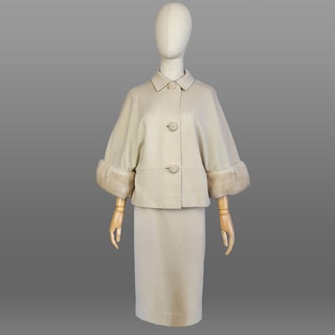 1960s Suit / Couture Imports Suit with Fur Trim / Real Mink / Beige Wool Knit Suit with Mink Trim / Size Medium Large 