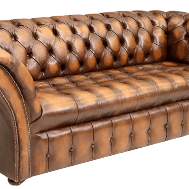 Sofa, English, Chesterfield, Tufted, Brown Leather, Nailhead Trim, 20th Century!