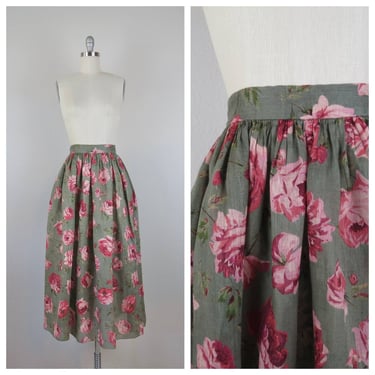 Vintage 1980s floral linen skirt, midi, cotton. rose print, pockets 