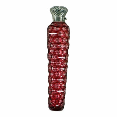 Antique Sterling Silver Cranberry Red Cut Glass Perfume Bottle Scent Flask 