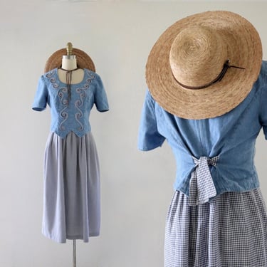 denim + gingham tie back dress - m 