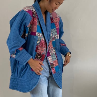 90s patchwork quilt jean jacket blazer / vintage handmade cotton patchwork quilt denim jean open front batwing blazer jacket | Large 