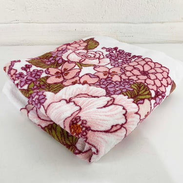 Vintage Cotton Bath Towel Fieldcrest Bathroom Body Pink White Floral Flowers Flower Power 60s 1960s 