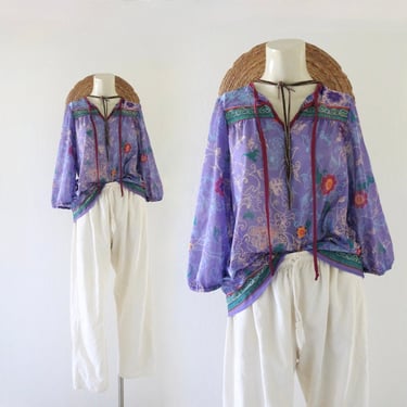 chiffon 70's top - s - vintage 1970s womens size small purple floral sheer top shirt 