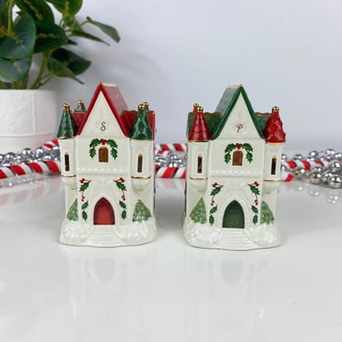 Lenox Castle Christmas salt & pepper shakers, porcelain, dining and serving, holiday decor, vintage, Lenox Holiday House Spice Set, China 