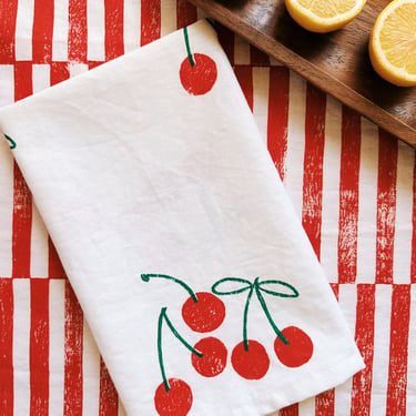 linen dinner napkins. red cherry on white. hand block printed. placemats / tea towel. hostess gifting. birthday or dinner party decor. 