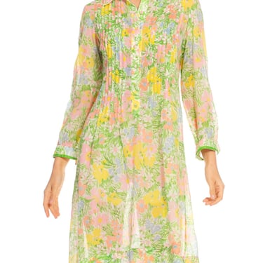 1960S Green  Pink Multi Cotton Spring Floral Shirt Dress 