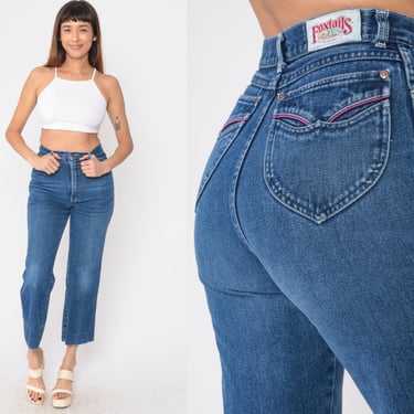 Cropped Bootcut Jeans 80s Foxtails Ankle Jeans High Waisted Rise Retro Mom Jeans Straight Leg Blue Denim Pants Vintage 1980s Small S 28 