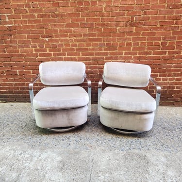 Milo Baughman Style Silver and Chrome Lounge Chairs