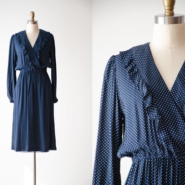 cute cottagecore dress | 70s vintage navy blue polka dot ruffled long sleeve dress 