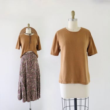 turmeric silk knit tee - s - vintage 90s y2k gold brown comfortable womens size small minimal earth tone neutral t-shirt short sleeve top 