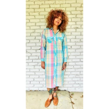 Shirt Dress // vintage boho midi plaid hippie hippy pink 80s midi 1980s shirt // O/S 