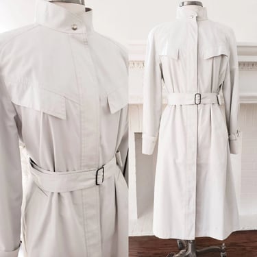 1980s Ladies Trench Coat White Belted London Fog Maincoats/ 80s Raincoat Off White High Collar Shoulder Pads / Medium / Andree 