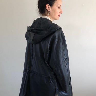 90s leather jacket coat / vintage black genuine buttery soft leather zip front hooded jacket coat | L 