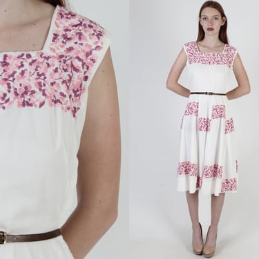 Vintage 50s Floral Embroidered Sun Dress / Pink Patchwork Cotton Garden Dress / Womens Bridal Party Mini Dress 