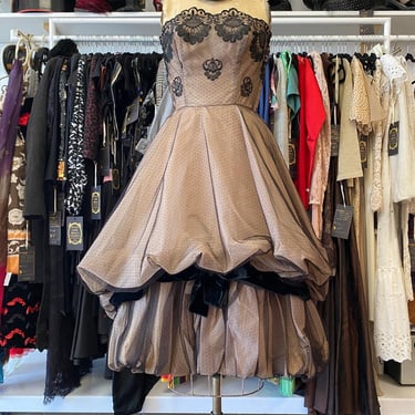 vintage 1950s strapless nude illusion bubble hem party dress small 26 black lace 