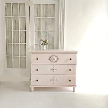 pretty vintage pink dresser,  boho scandinavian style soft pink, blush chest of drawers, wood dresser,  nj nyc, pastel home 