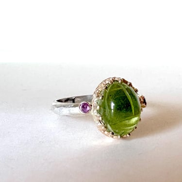 Arizona Peridot Scarab with Ethical Pink Tourmaline in 14k Gold and Sterling Silver handmade ring Green and pink statement ring 