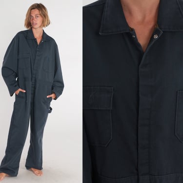 Navy Jumpsuit 90s Coveralls Long Sleeve Blue Boilersuit Workwear Boiler Suit One Piece Pant Work Wear Mechanic Vintage 1990s Mens Large L 