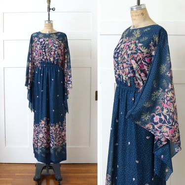 volup vintage 1970s boho maxi dress • kimono sleeve sheer chiffon floral full length dress 