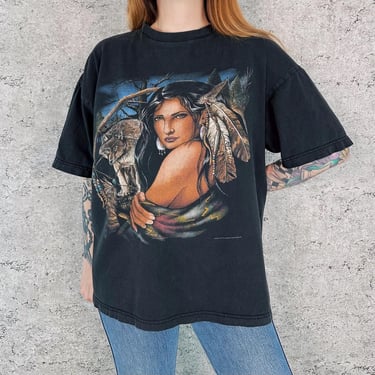 Vintage 90's Wolf Native American Girl Dreamcatcher Tee Shirt T-Shirt 