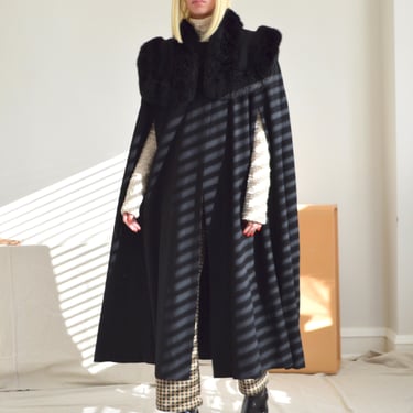 black wool cape with detachable fur capelet 