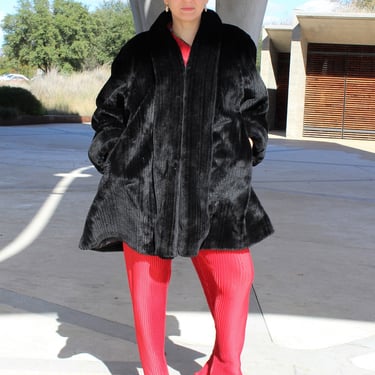 Vintage 1980s Monterey Fashions Vegan Fur Coat, Black Faux Fur, Size 2X Women, Faux Fur Swing Coat 