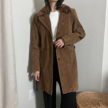 vintage camel brown suede leather faux fur collared button belted trench coat jacket by french connection 