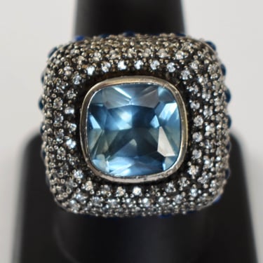 Big 90's blue & clear crystals silver plate size 9.75 square ring, edgy faux topaz goth bling statement 
