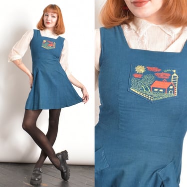 Vintage 1970s Dress / 70s Corduroy Mini Dress with Embroidery / Teal ( small S ) 