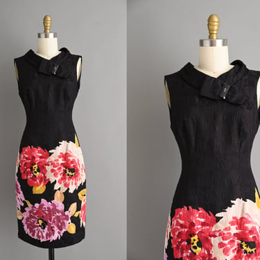 vintage 1990s Dress | Black Silk Floral Print Wiggle Dress | Small 