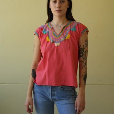 1970's Embroidered  Blouse / Cotton Tunic Shirt / Cotton Top / Bohemian Blouse / Guatemalan Top 