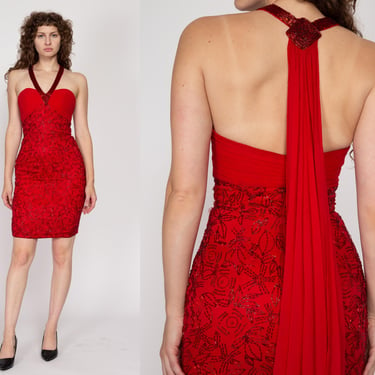 XS 80s Red Silk Beaded Halter Mini Dress, As Is | Vintage Alyce Designs Capelet Train Bodycon Party Dress 