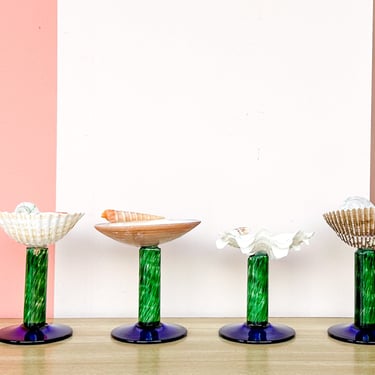 Set of Four Green and Blue Stem Shell Coupes