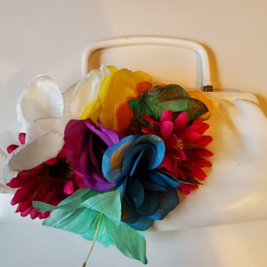 Designer White Purse, Floral Handbag, Designs by Amanda Alarcon-Hunter, Vegan Leather Handbag, Vintage white Purse 