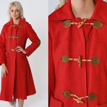 Red Hooded Coat 70s Wool Peacoat Toggle Button up Trench Pea Coat Long Jacket Warm Winter Trenchcoat Hood Elbow Patches Vintage 1970s Small 