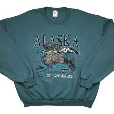 Vintage 90s/Y2K Alaska “The Last Frontier” Destination and Nature Style Graphic Crewneck Sweatshirt Pullover Size XL 