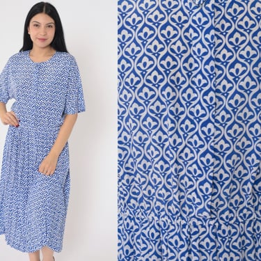 90s Blouson Dress Geometric Floral Print Blue White Button Up Pleated Midi Skirt Shirtdress Vintage 1990s Short Sleeve Dress Petite Small 