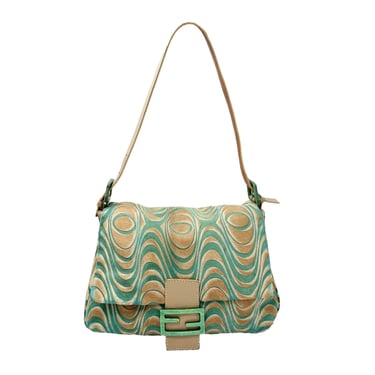 Fendi Suede Green + Tan Wave Baguette Bag