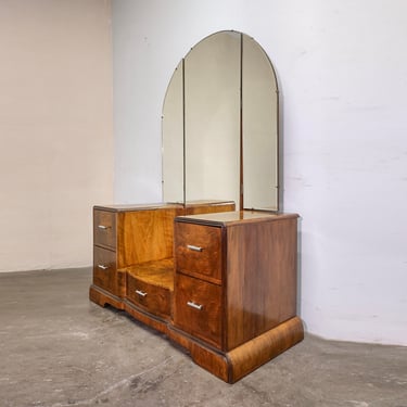 1940s Vintage Walnut Art Deco Vanity with Tri-Fold Mirror 