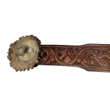 VTG Vaquero Cowboy Horse Textan Cowhide Belt Bison Antler Carved Buckle 30 T9 