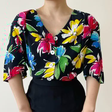 vintage blouse floral vintage shirt vintage top black red yellow blue 90s retro vintage style silky shirt summer secretary blouse size L 