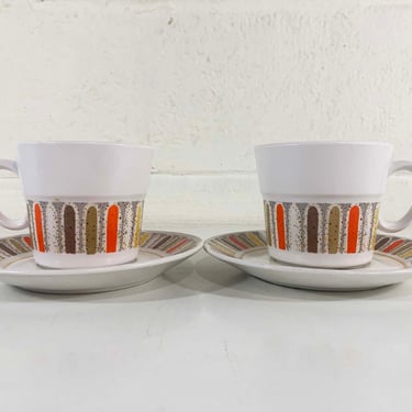 Vintage Noritake Progression China Mardi Gras 9019 Cups and Saucers Set of 2 Mug Coffee Tea Atomic Orange Brown 1970s 