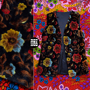 GORGEOUS Vintage 70s Black Brown Yellow Red Blue Floral Carpet Hippie Vest 