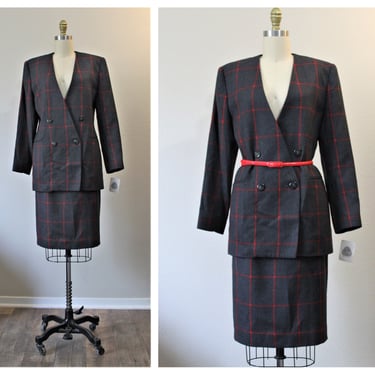 Vintage 80's NWT Gray Red Large Square Stripe Wool Skirt Tailored Double Breasted Long Jacket Suit // US 6 8 Small Med 