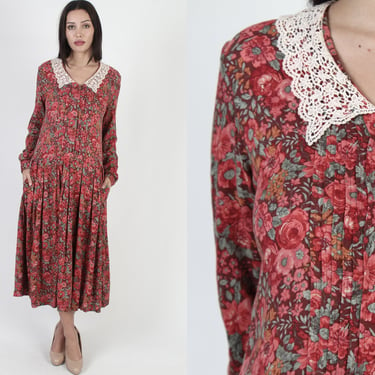 Laura Ashley Country Style Floral Dress, Lace Collar Long Sleeve Dress, Vintage 80s Prairie Americana Flannel Maxi Size UK 14 US 10 